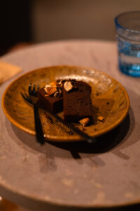 Shimanami Kaido dinner at Minatoya Setoda chocolate hojicha cake with pistachios